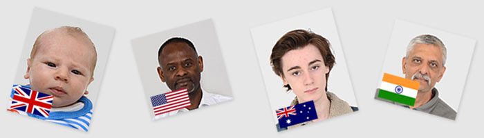 Passport photo examples (left to right) for: The United Kingdom, The United States of America, Australia and India